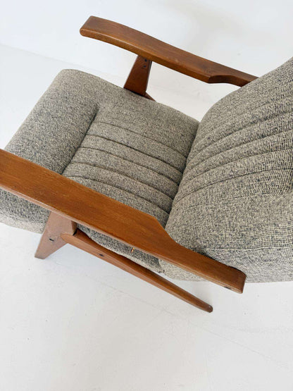 Reclining armchair in wood and fabric – 1960s