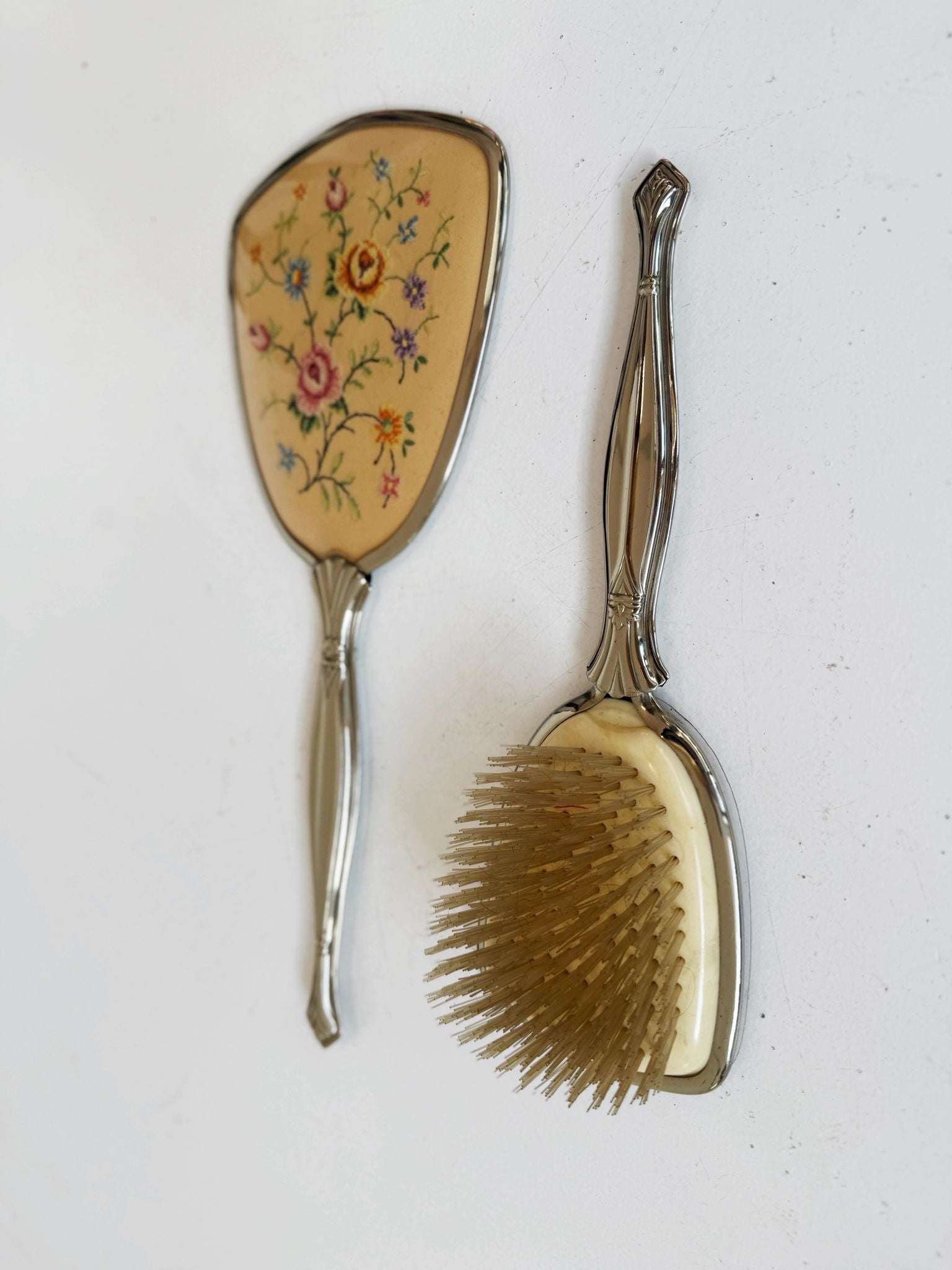 Vintage dressing table set with brush and embroidered mirror