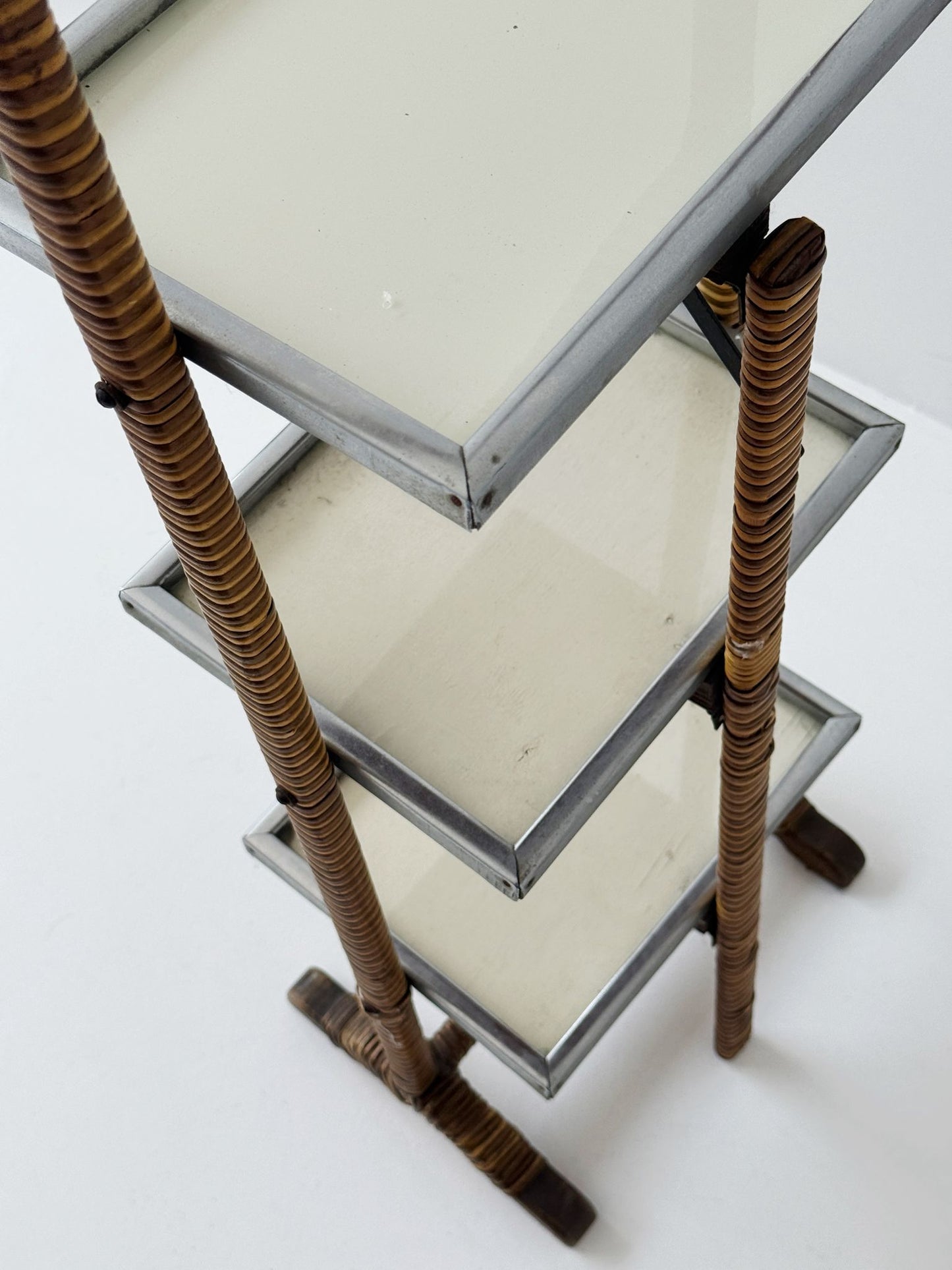 Three-tier folding rattan and metal side table
