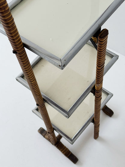 Three-tier folding rattan and metal side table