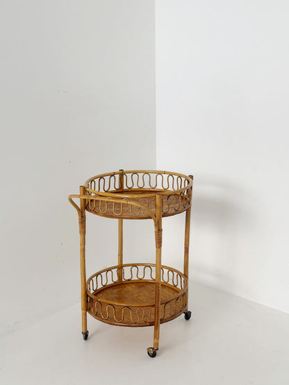 Carrello da portata in bambù e rattan intrecciato, anni '60-'70