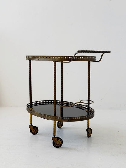 Oval brass and lacquered wood bar cart, 1950s/60s