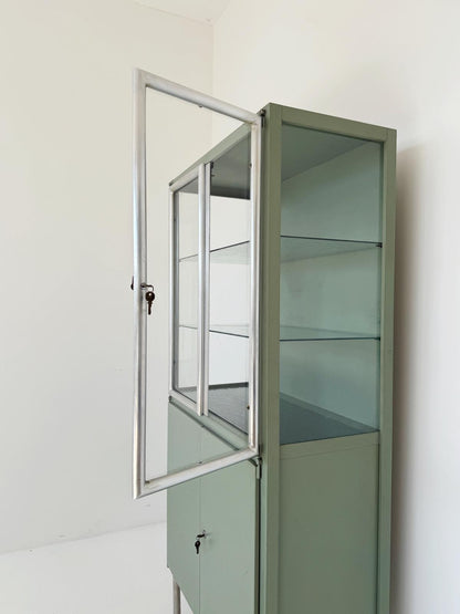 Sage green industrial display cabinet, 1950s