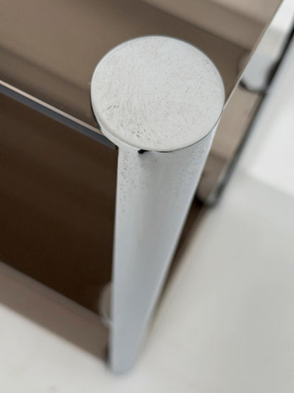 Vintage console table in smoked glass and chromed metal – 1970s
