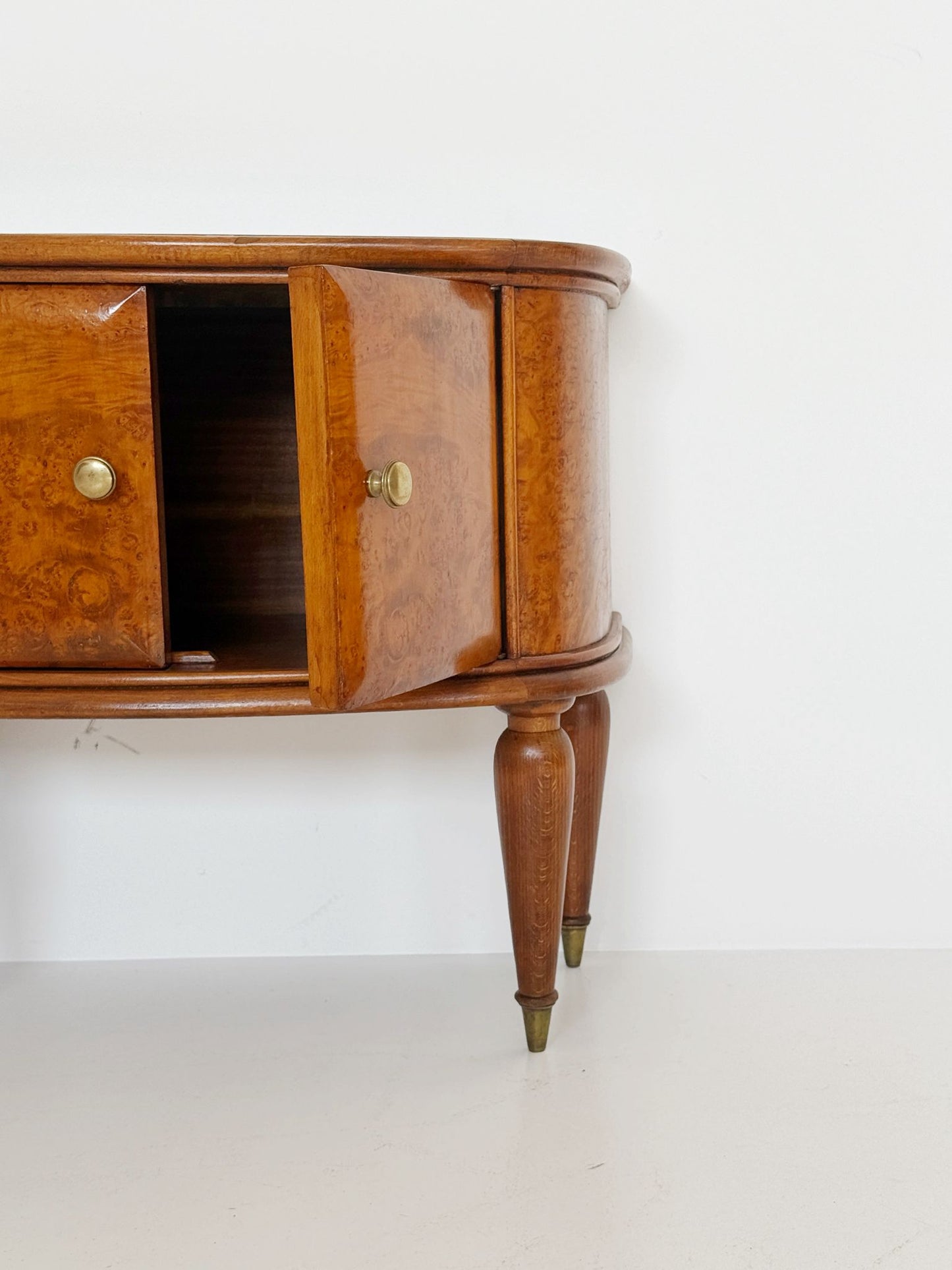 Curved burl wood bedside table with glass top, Italy, 1950s