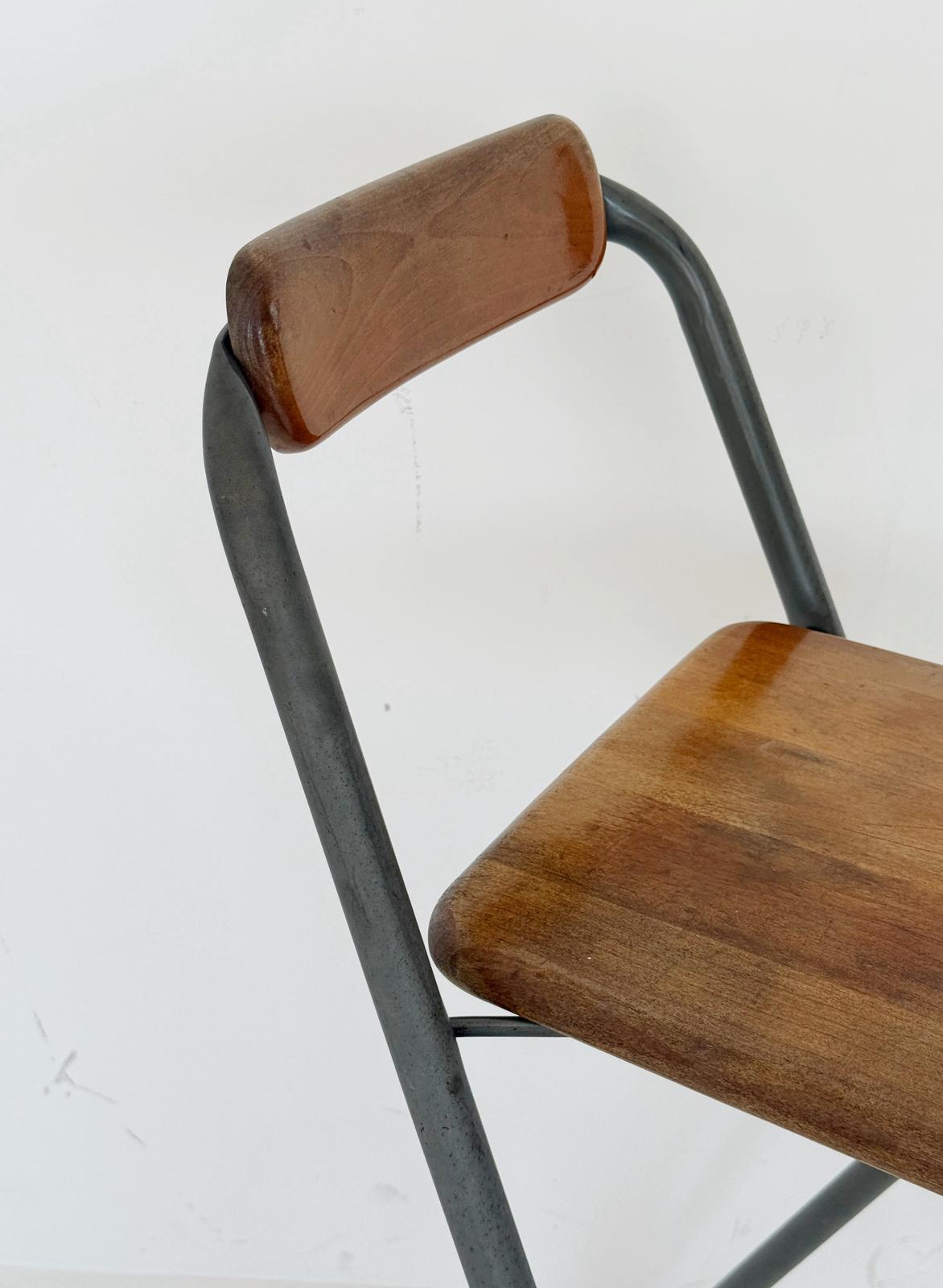 Industrial folding stool in wood and metal, 1980s