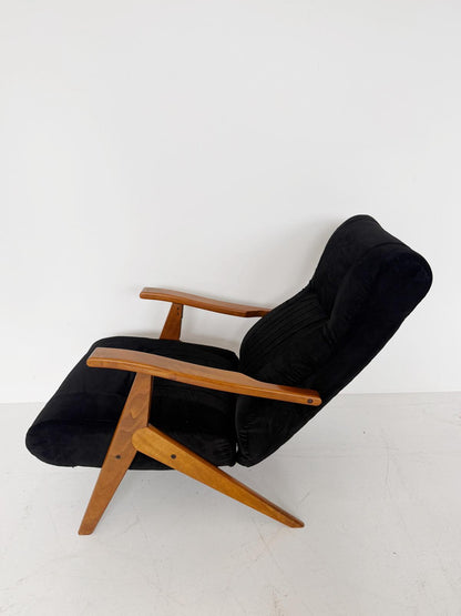 Italian Reclining Chair in Solid Wood and Black Velvet, High Back, 1960s