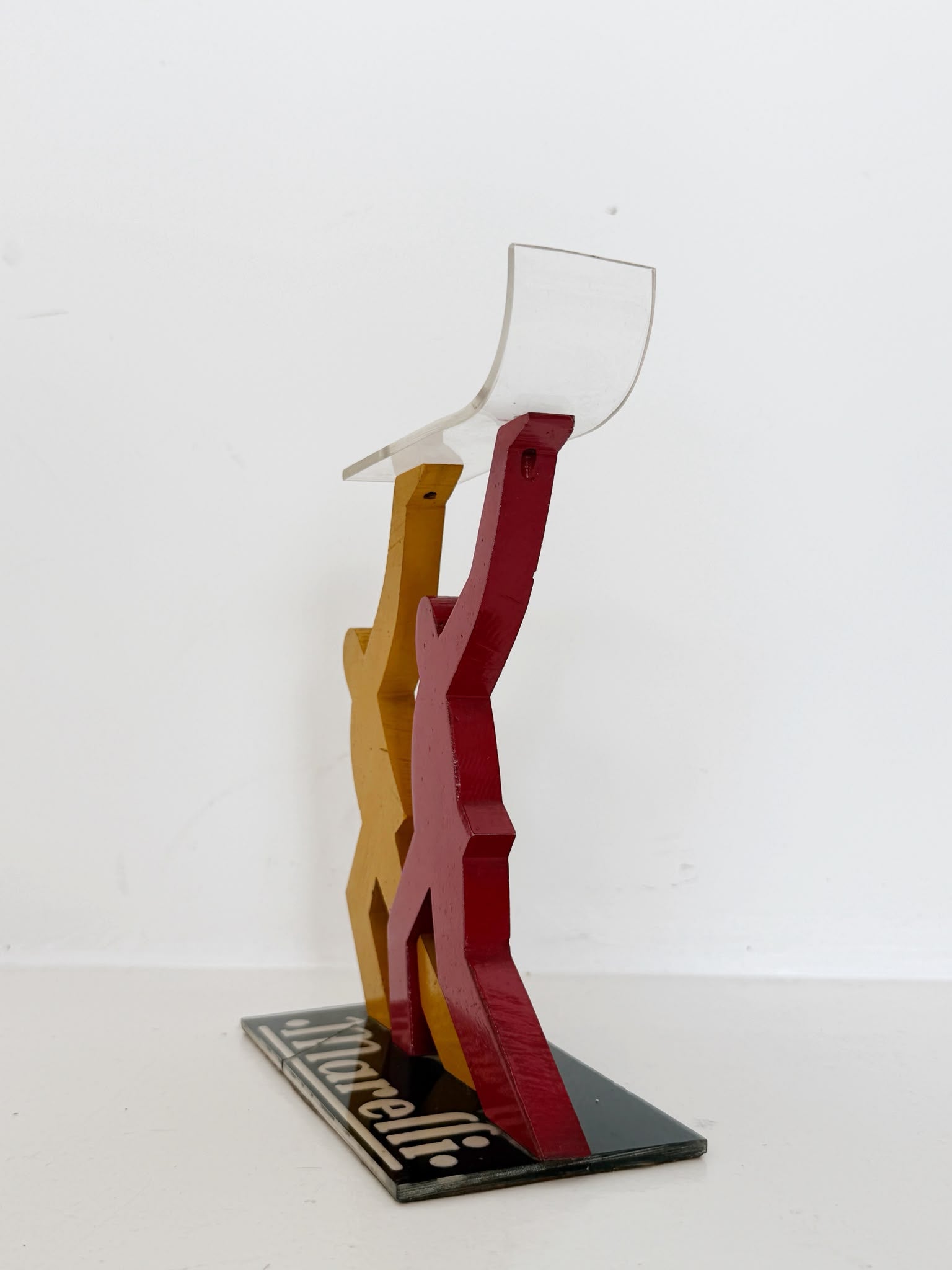 Marelli advertising display stand in wood and Plexiglass – Italy, 1980s/90s
