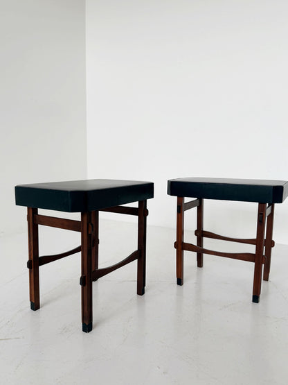 Pair of stools/seats in wood and black vinyl, 1950s–1960s