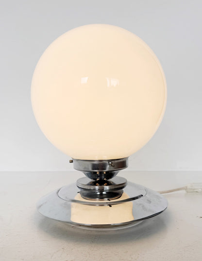 Spherical table lamp in opal glass and chrome-plated metal – 1970s