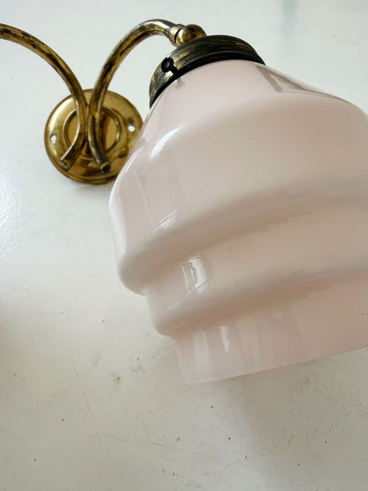 Double-arm wall light in brass and pink opaline glass, 1940s-1950s