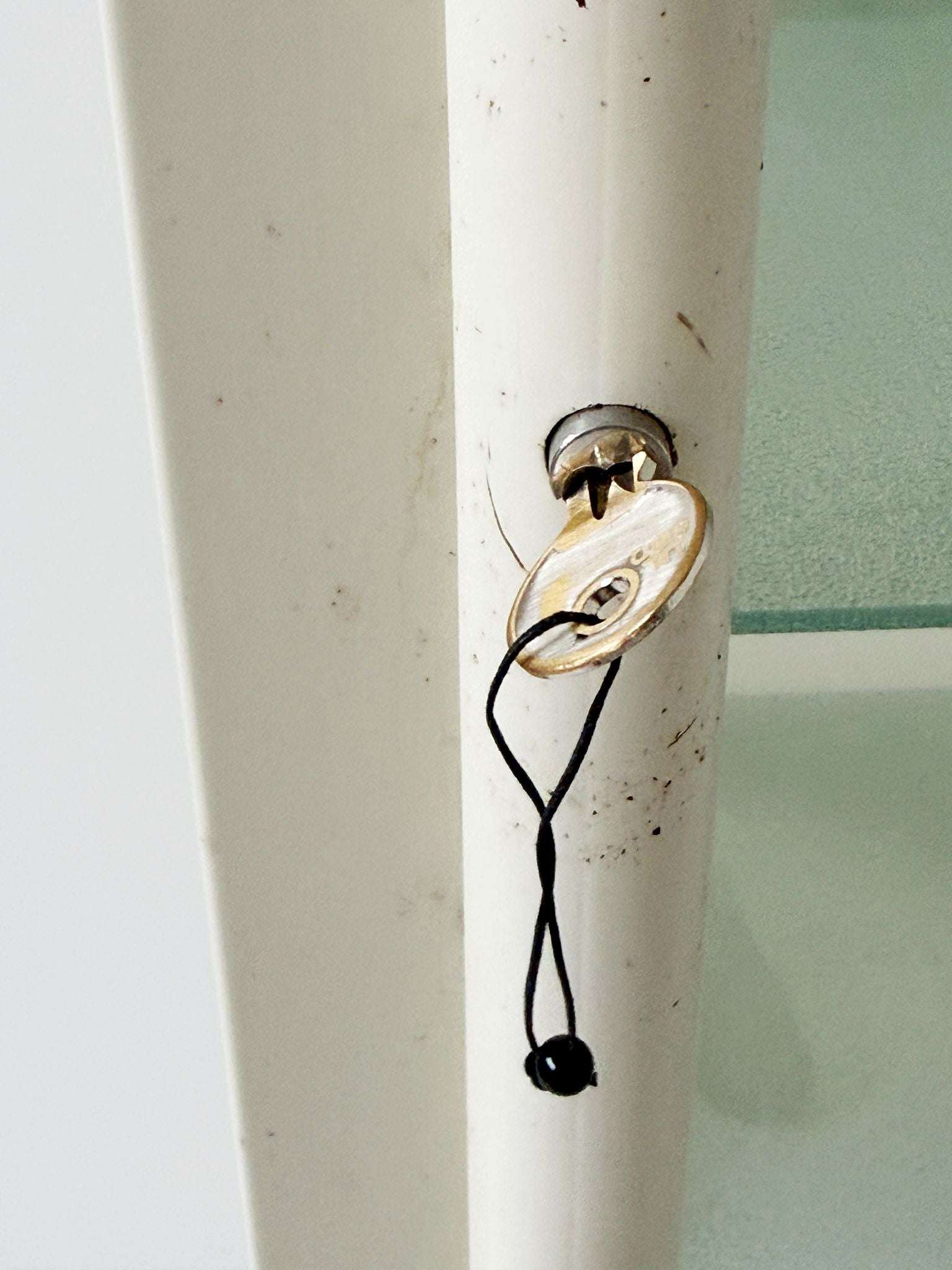 This ivory-colored lacquered metal display cabinet features a simple, functional design