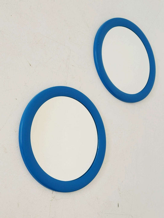 Pair of Round Mirrors with Blue Plastic Frames – 1970s