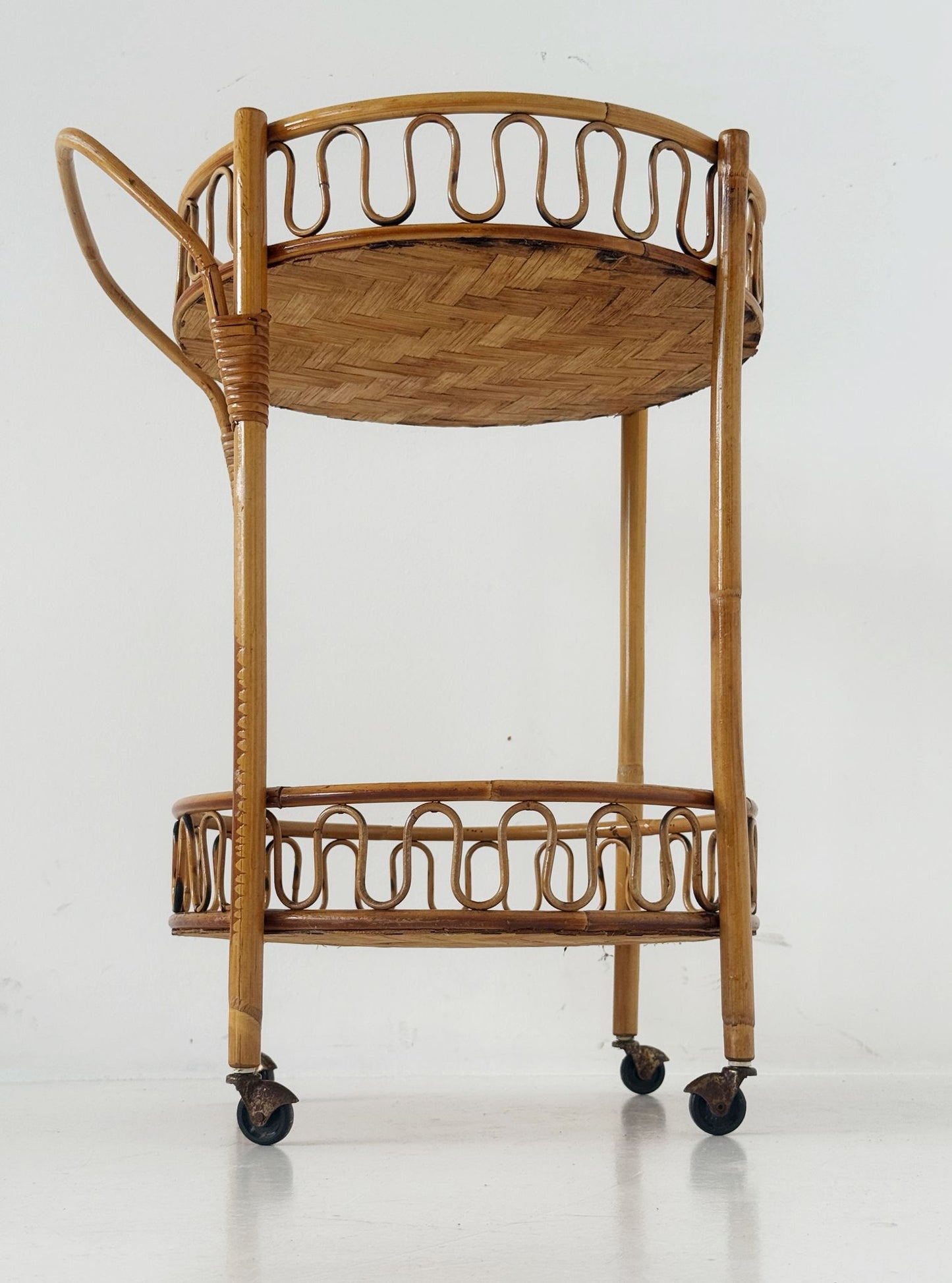 Carrello da portata in bambù e rattan intrecciato, anni '60-'70