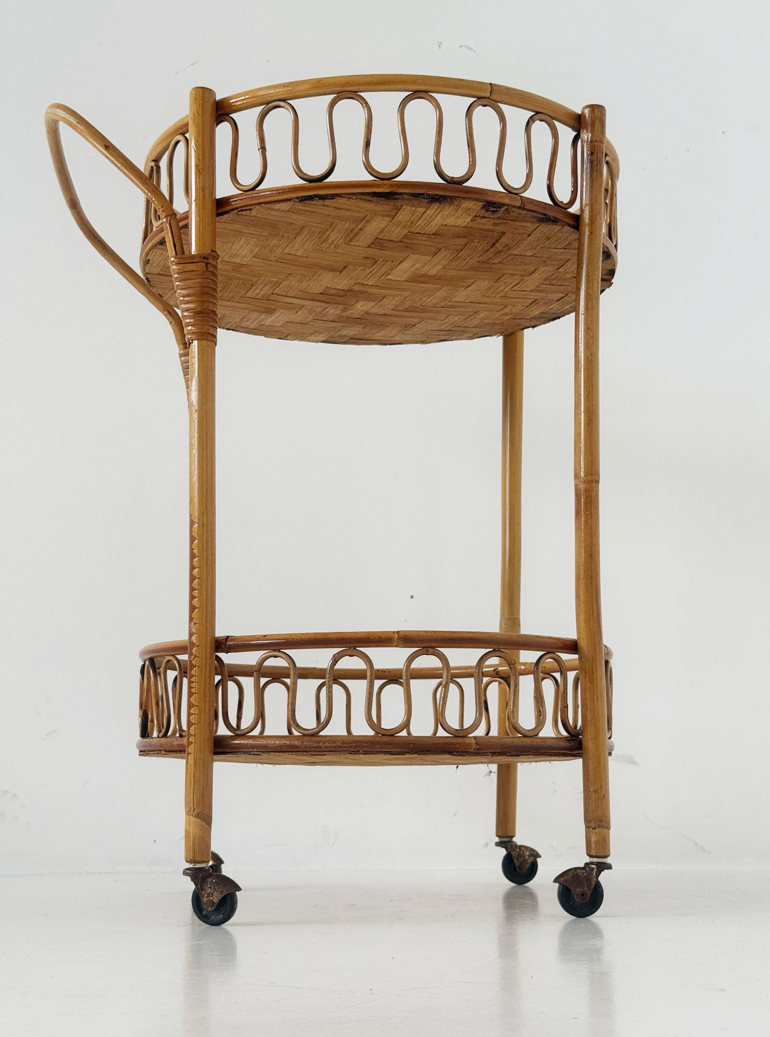 Carrello da portata in bambù e rattan intrecciato, anni '60-'70