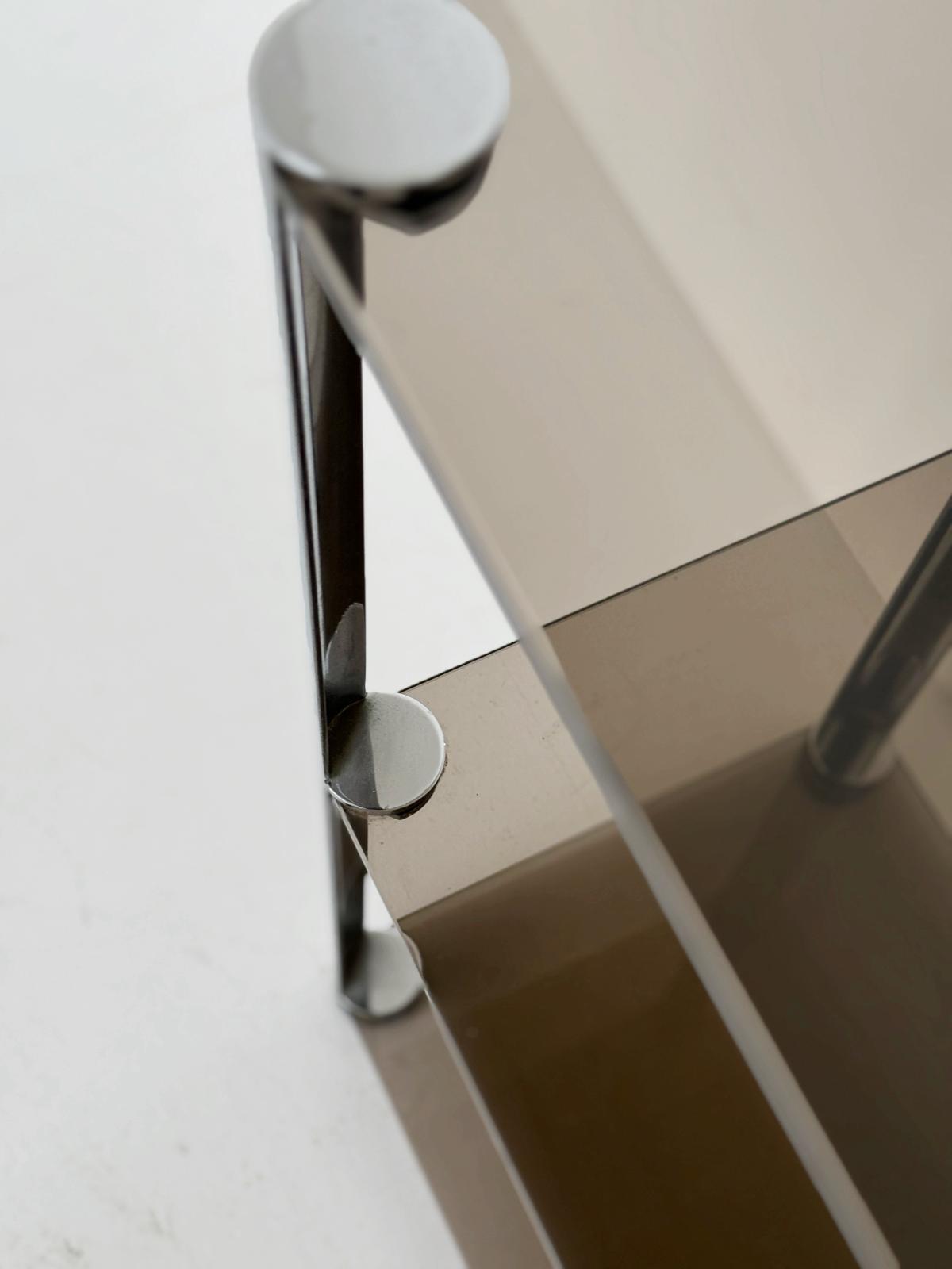 Vintage console table in smoked glass and chromed metal – 1970s
