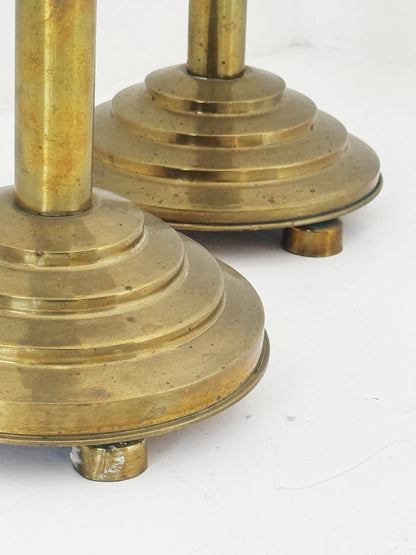 Pair of brass candelabra, circa 1950s – architectural stepped line