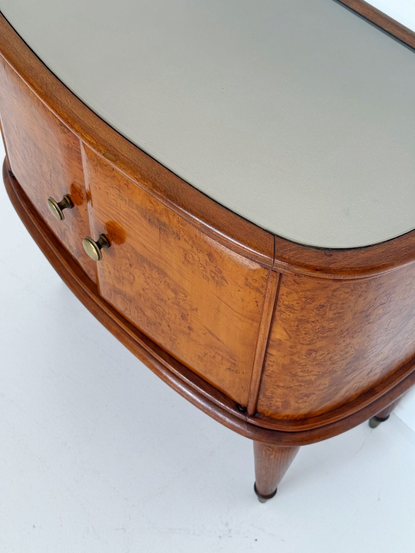 Curved burl wood bedside table with glass top, Italy, 1950s