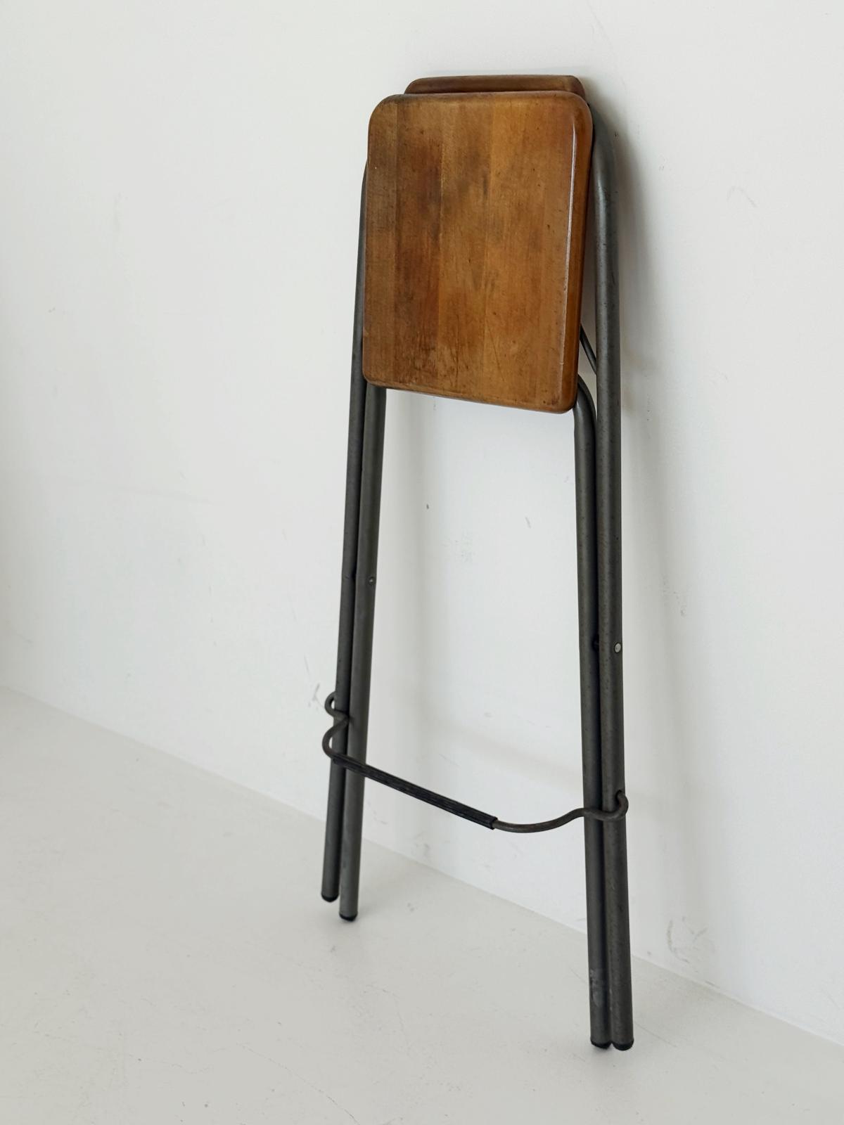 Industrial folding stool in wood and metal, 1980s