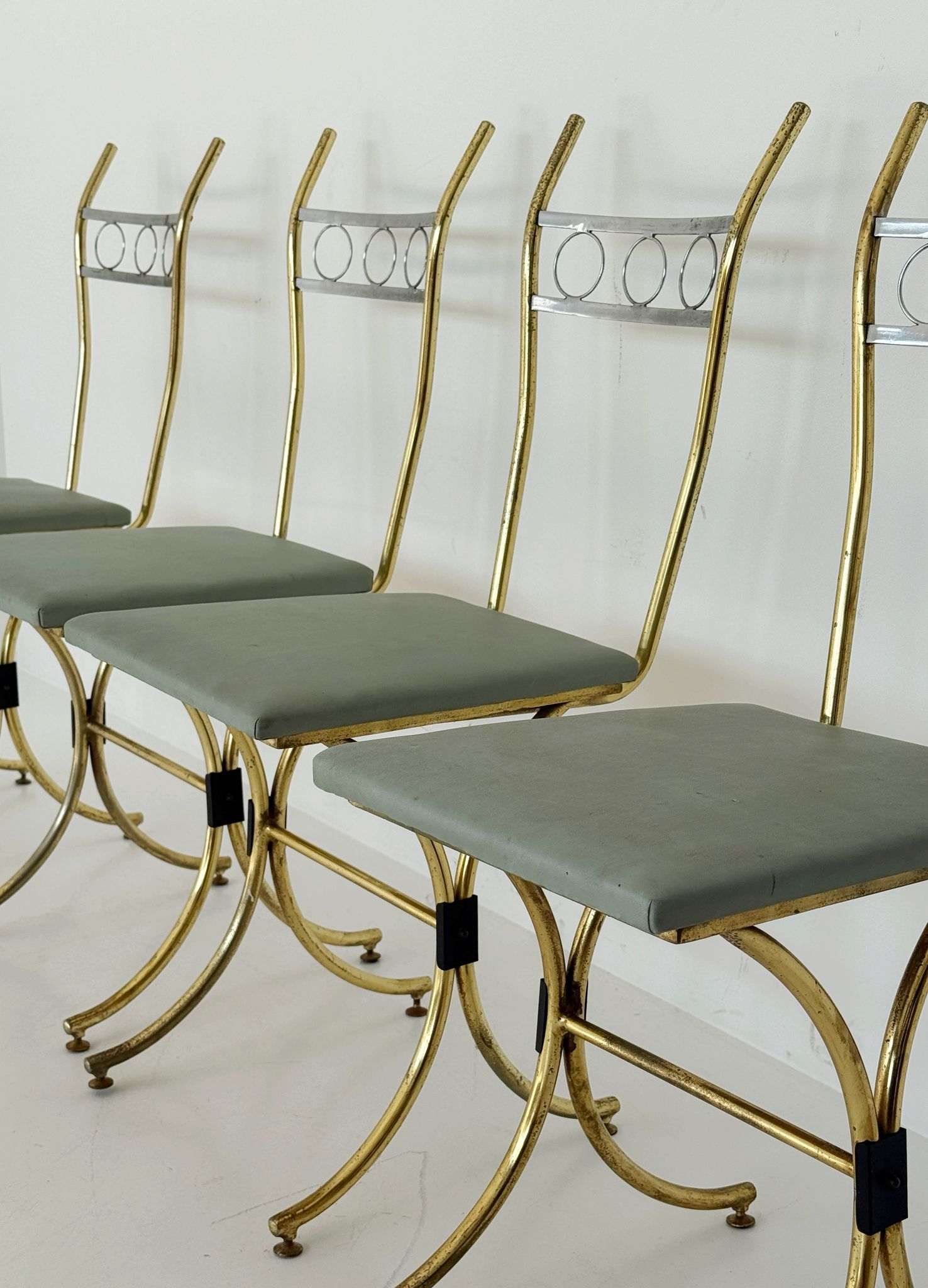 Set of 4 Gold-Finished Metal Chairs with Upholstered Seats – 1950s/1960s