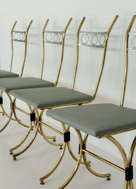 Set of 4 Gold-Finished Metal Chairs with Upholstered Seats – 1950s/1960s