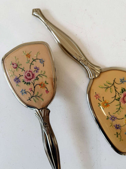 Vintage dressing table set with brush and embroidered mirror