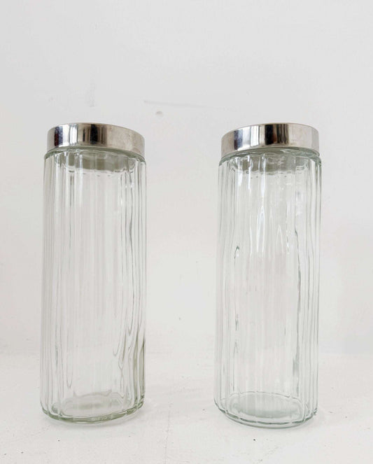 Pair of blown glass jars with metal lids, 1960s–1970s