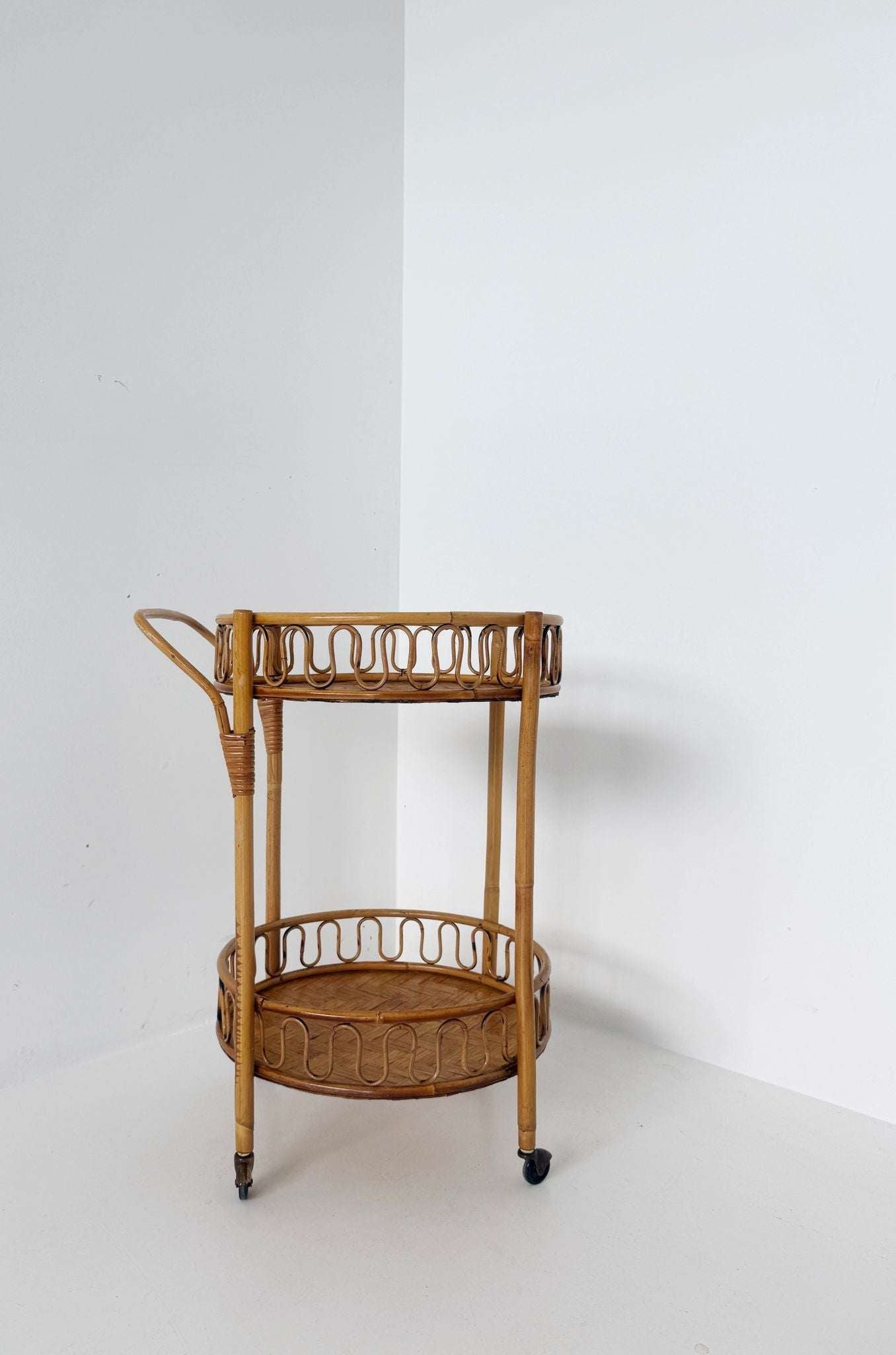Bamboo and woven rattan serving trolley, 1960s–1970s