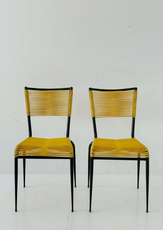 Pair of 1960s design chairs with metal frames and yellow woven detailing