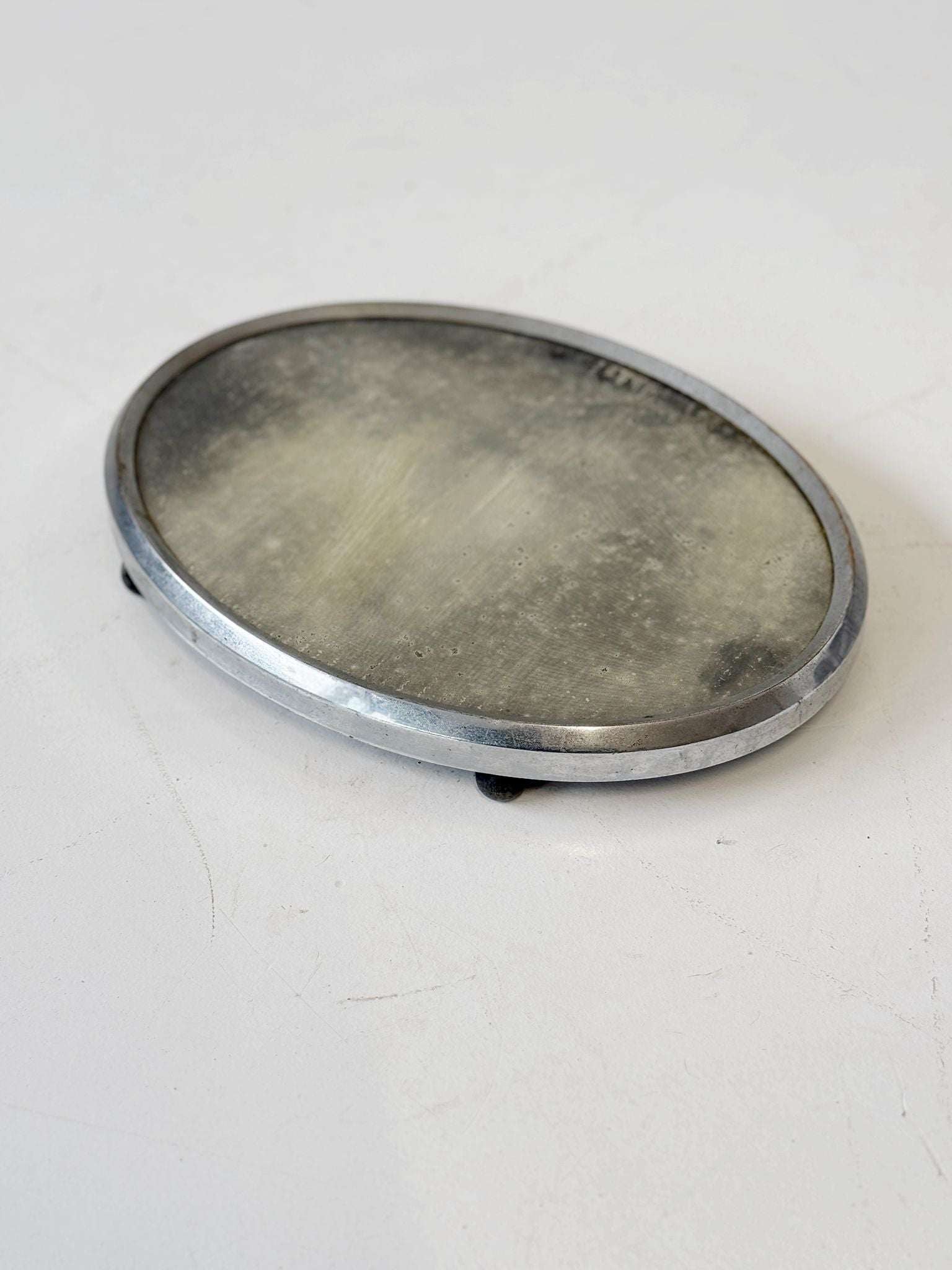 Oval Chromed Metal Tray with Mirrored Backing – 1950s