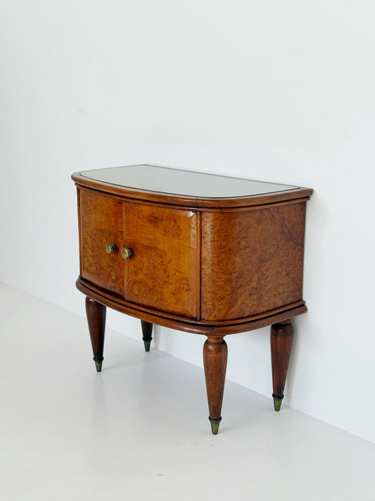 Curved burl wood bedside table with glass top, Italy, 1950s
