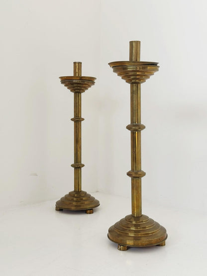Pair of brass candelabra, circa 1950s – architectural stepped line