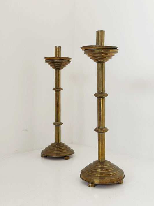 Pair of brass candelabra, circa 1950s – architectural stepped line