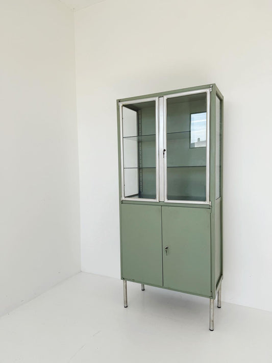 Sage green industrial display cabinet, 1950s