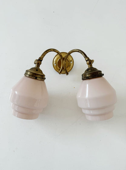 Double-arm wall light in brass and pink opaline glass, 1940s-1950s