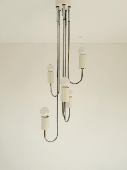 Lampadario a sospensione anni ’70 in metallo cromato con aste sagomate a U 