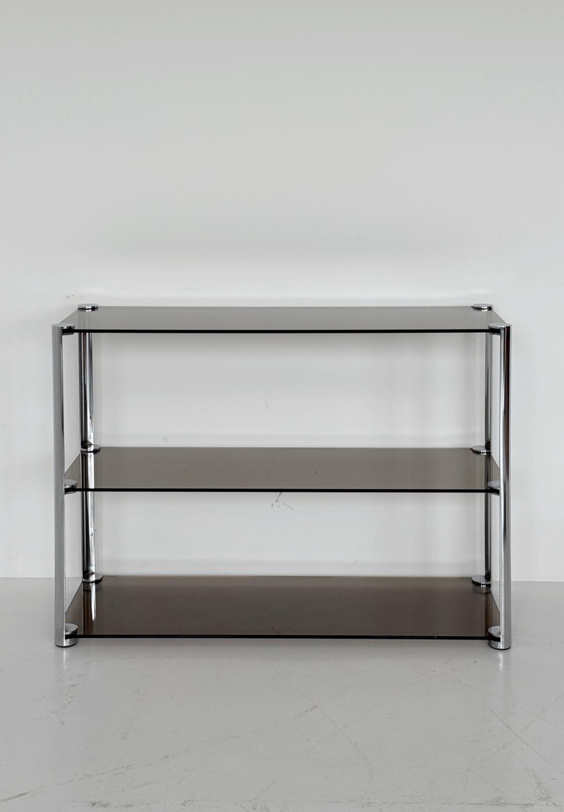 Vintage console table in smoked glass and chromed metal – 1970s