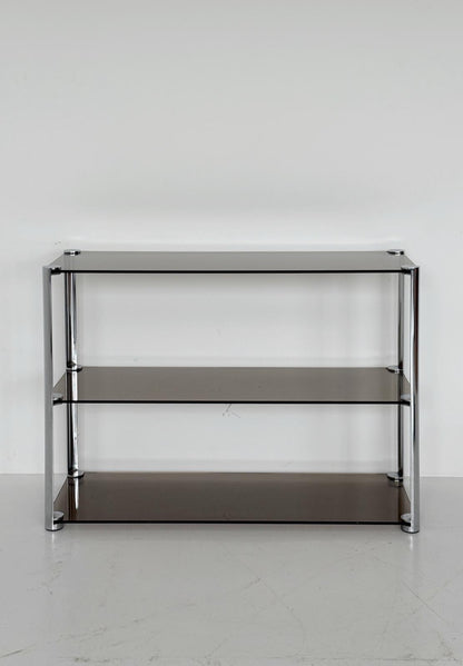 Vintage console table in smoked glass and chromed metal – 1970s