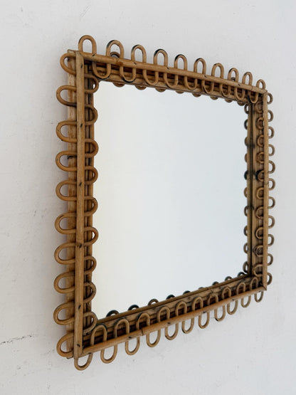 Specchio da parete in bambù e rattan, anni '60