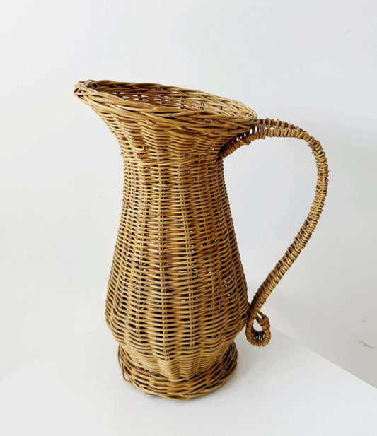 Large woven wicker and rattan pitcher, Italy, 1960s–70s