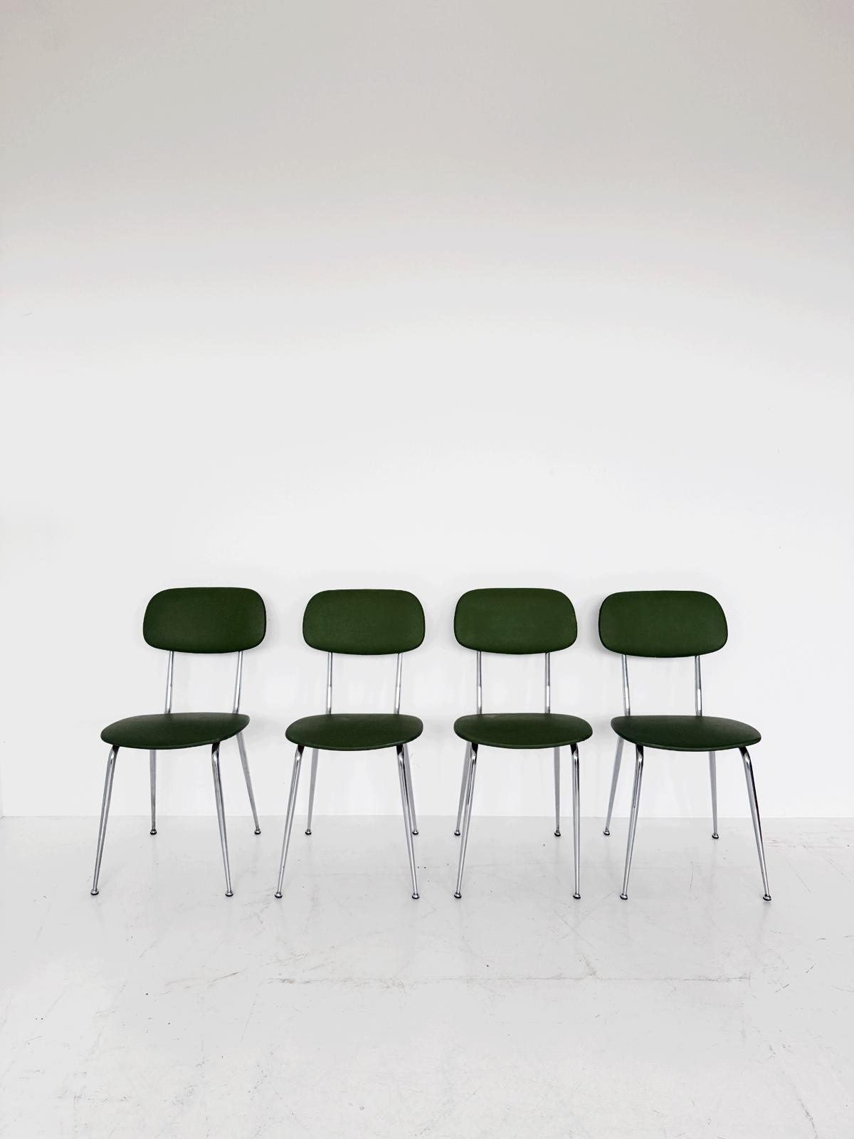 Set of 4 green vinyl chairs with chromed metal frame, 1960s
