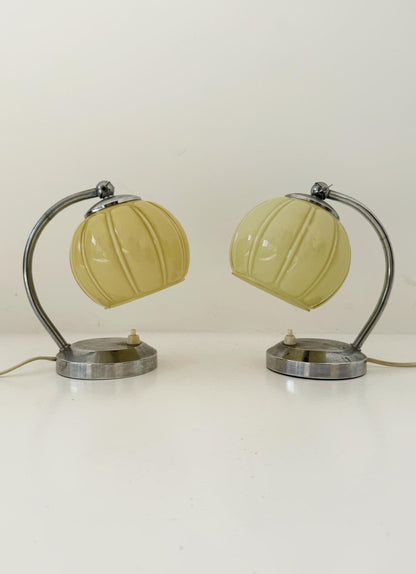 Pair of Space Age lampshades in chromed metal and yellow glass, 1960s