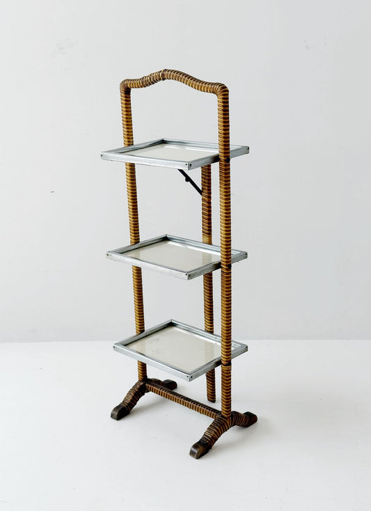 Three-tier folding rattan and metal side table