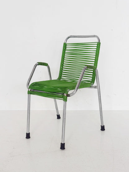 Small child's armchair in chrome-plated tubular metal and green cord — 1960s/70s