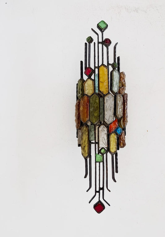 Applique scultura in vetro policromo e metallo, attribuita a Poliarte, Italia, anni ’70