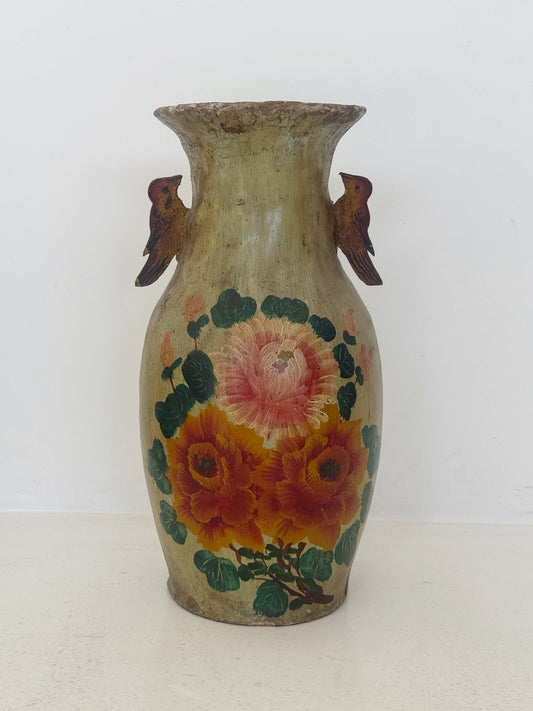 Polychrome papier-mâché vase with birds