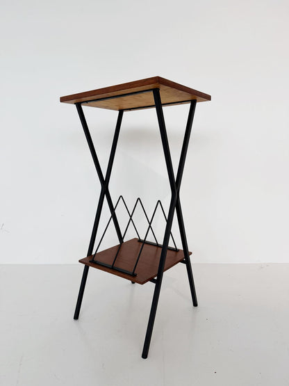 Vintage magazine rack in wood and black metal