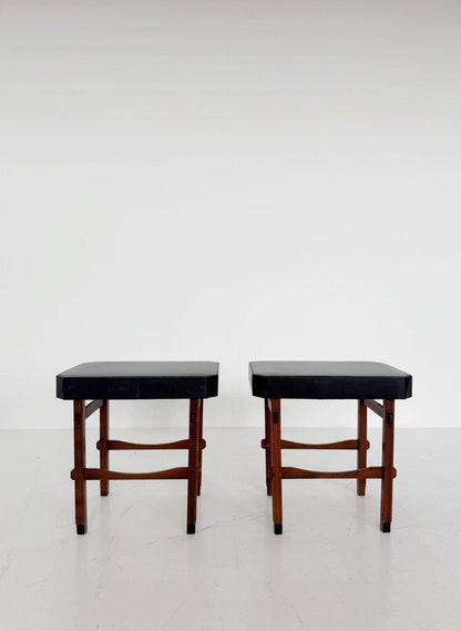 Pair of stools/seats in wood and black vinyl, 1950s–1960s