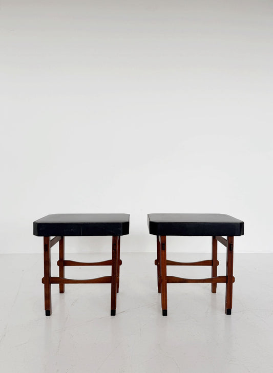 Pair of stools/seats in wood and black vinyl, 1950s–1960s