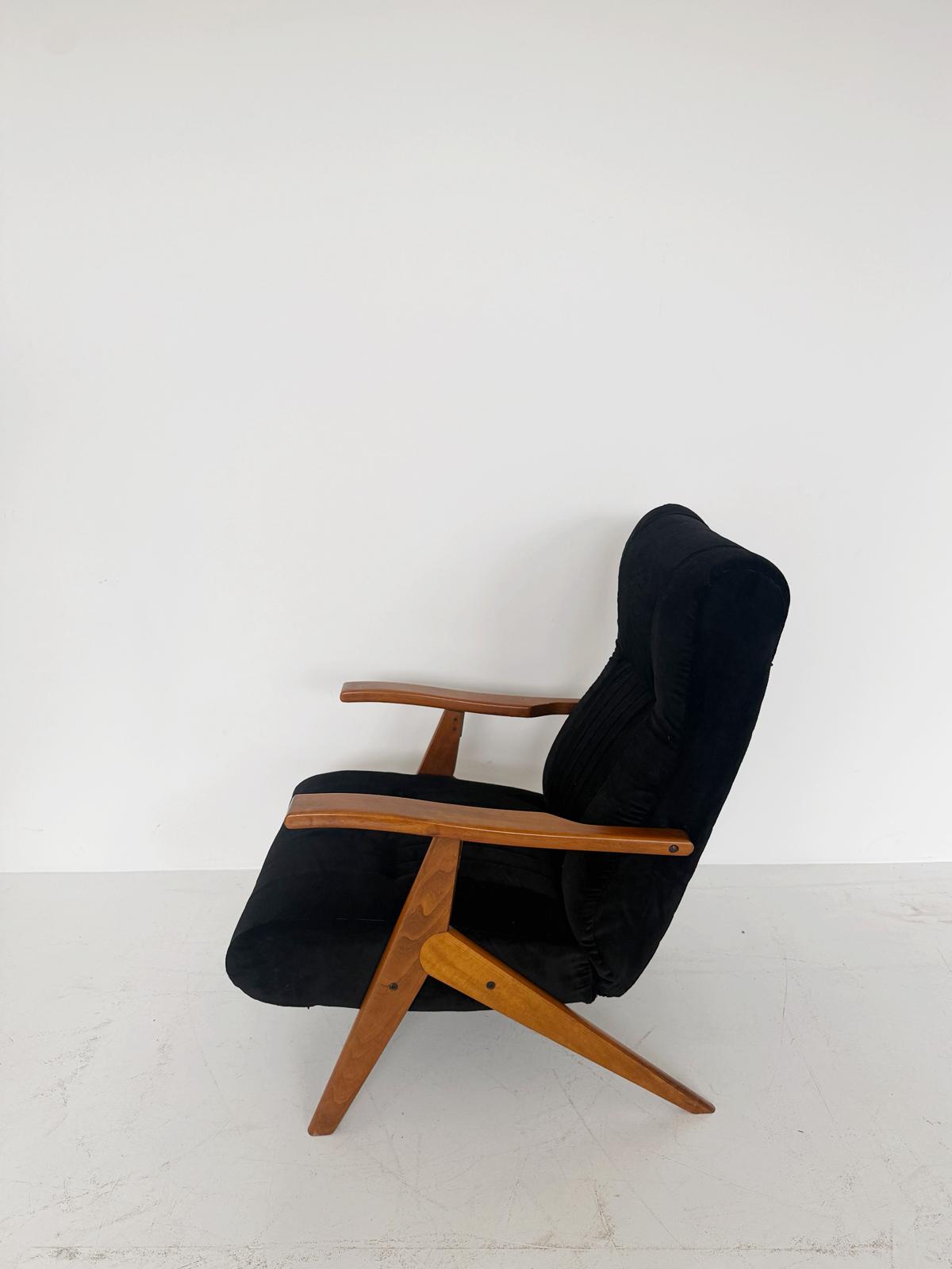 Italian Reclining Chair in Solid Wood and Black Velvet, High Back, 1960s